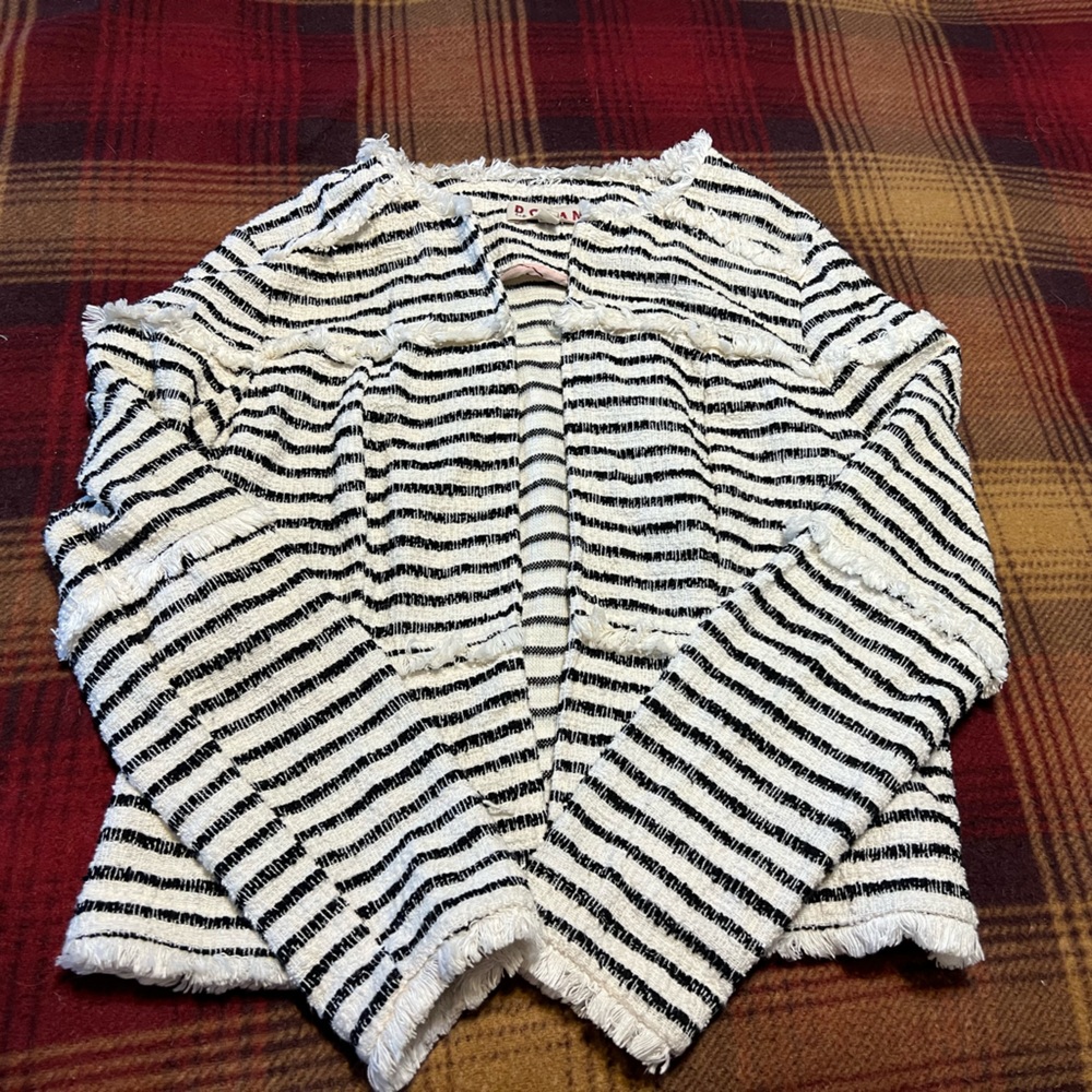 Black and white fringe open front sweater